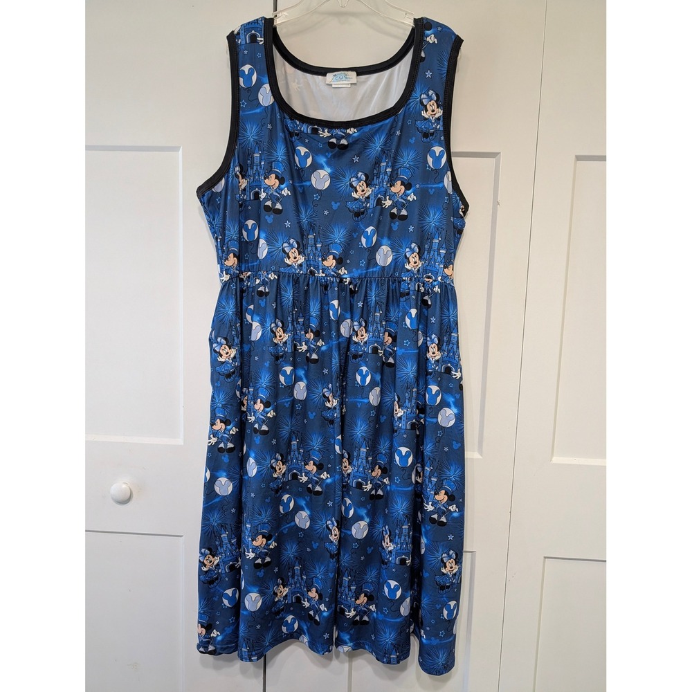 CDS Designs Disney Mickey Minnie Mouse Castle Print Pocket Dress Blue 2XL